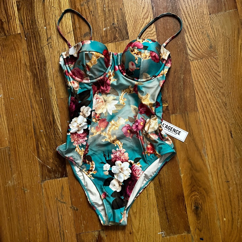 L'AGENCE Blue and Pink One Piece Swimsuit with Plunging V-neckline